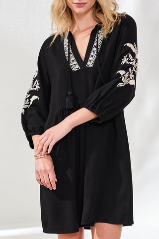 Textured Linen 3/4 Sleeve Embroidered V-Neck Dress-Black