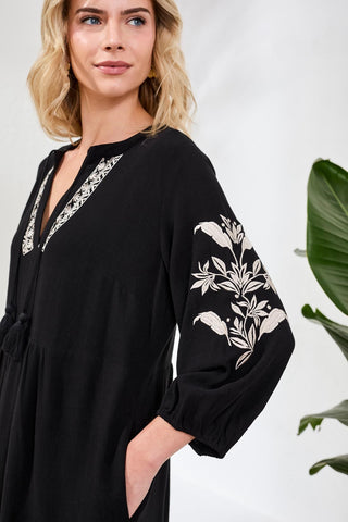 Textured Linen 3/4 Sleeve Embroidered V-Neck Dress-Black