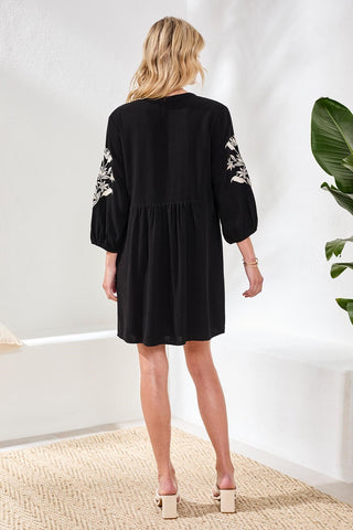 Textured Linen 3/4 Sleeve Embroidered V-Neck Dress-Black