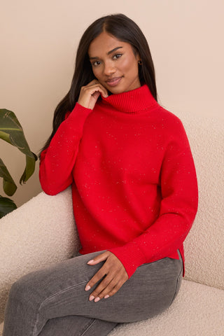 Shimmer Knit Drop Shoulder Turtleneck Sweater-Carmine