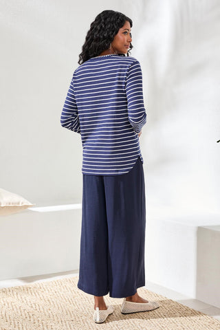 Haut À Rayures Texturées Manches 3/4 Avec Détail Contrastant
-Bleu Jet