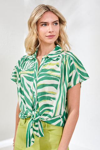 Watercolor Tie-Front Short Sleeve Eyelet Detail Blouse-Grass