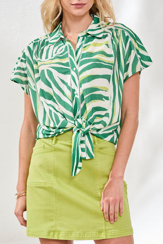 Watercolor Tie-Front Short Sleeve Eyelet Detail Blouse-Grass