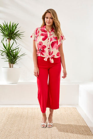 Watercolor Tie-Front Short Sleeve Eyelet Detail Blouse-Sangria