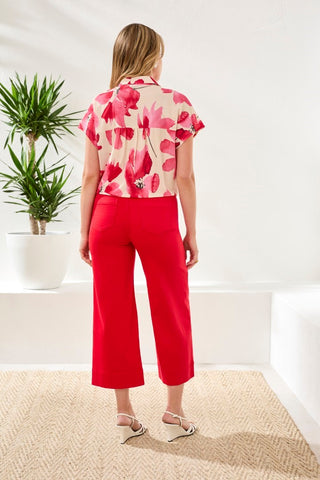 Watercolor Tie-Front Short Sleeve Eyelet Detail Blouse-Sangria