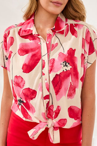 Watercolor Tie-Front Short Sleeve Eyelet Detail Blouse-Sangria