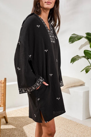 Embroidered Soft Cotton Hooded Dress-Black