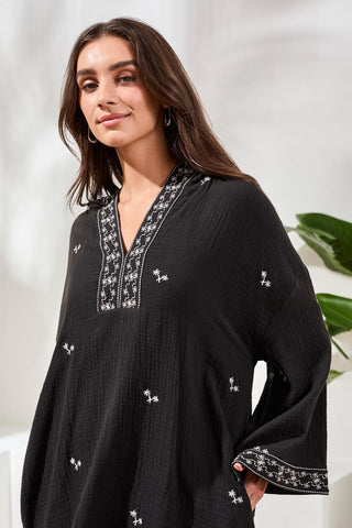 Embroidered Soft Cotton Hooded Dress-Black