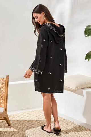 Embroidered Soft Cotton Hooded Dress-Black