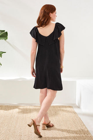 Robe Midi à Encolure Volantée Portée de Deux Façons-Noir