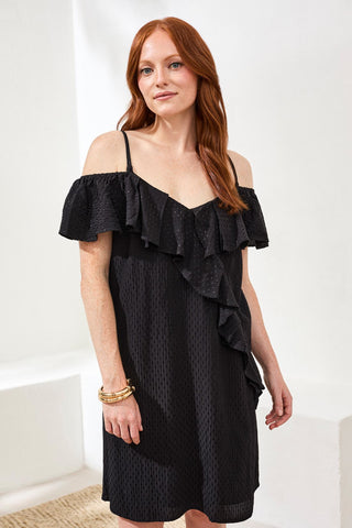 Robe Midi à Encolure Volantée Portée de Deux Façons-Noir