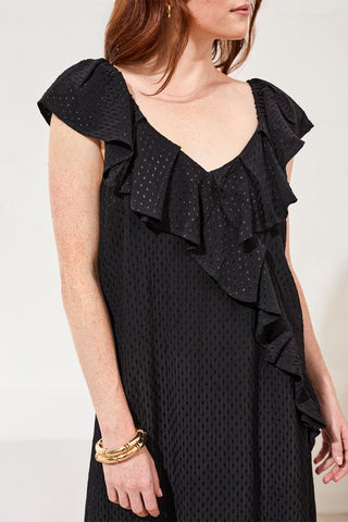 Robe Midi à Encolure Volantée Portée de Deux Façons-Noir