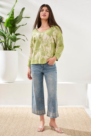 Boat-Neck Textured Jacquard 3/4 Sleeve Sweater-Lemongrass