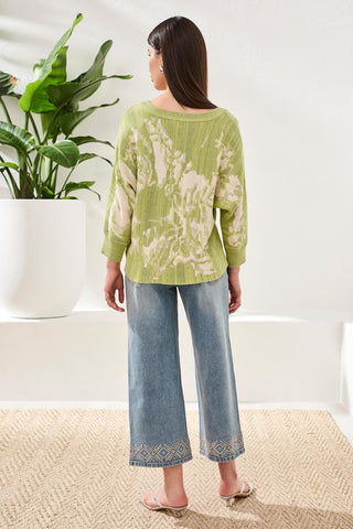 Boat-Neck Textured Jacquard 3/4 Sleeve Sweater-Lemongrass