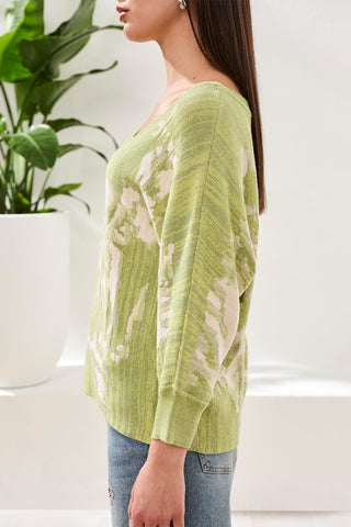 Boat-Neck Textured Jacquard 3/4 Sleeve Sweater-Lemongrass