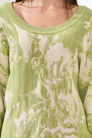 Boat-Neck Textured Jacquard 3/4 Sleeve Sweater-Lemongrass