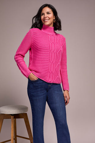 Vintage Washed Cable Knit Mock Neck Sweater-Cherrypink