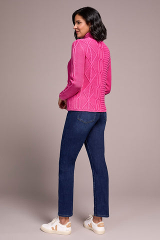 Vintage Washed Cable Knit Mock Neck Sweater-Cherrypink