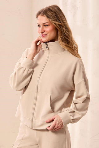 Waffle Knit Drop Shoulder Puff Sleeve Zip-Up Cardigan-Sanddune