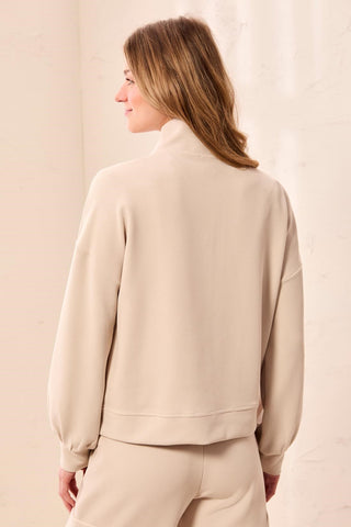 Waffle Knit Drop Shoulder Puff Sleeve Zip-Up Cardigan-Sanddune