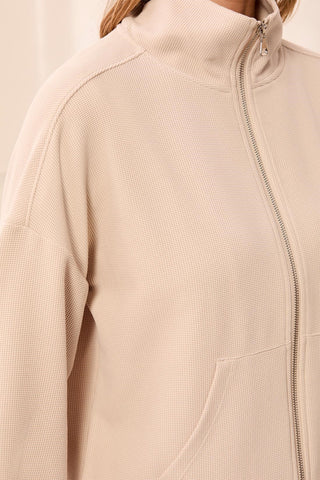Waffle Knit Drop Shoulder Puff Sleeve Zip-Up Cardigan-Sanddune
