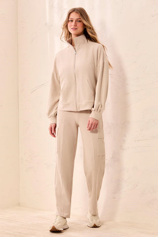 Waffle Knit Drop Shoulder Puff Sleeve Zip-Up Cardigan-Sanddune
