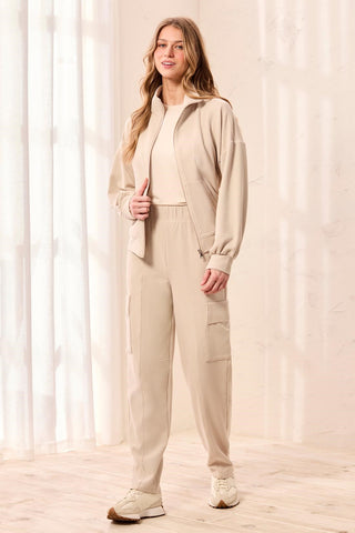 Waffle Knit Elastic Waist Cargo Joggers-Sanddune