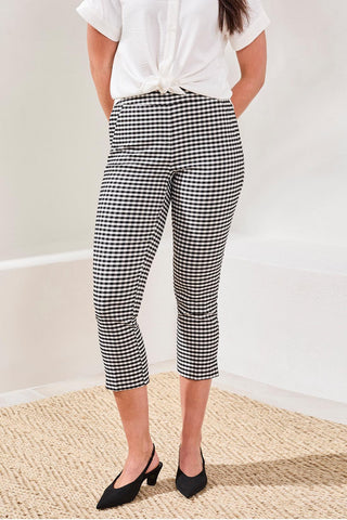 Gingham Bengaline Capri Pant Side Slit-Black