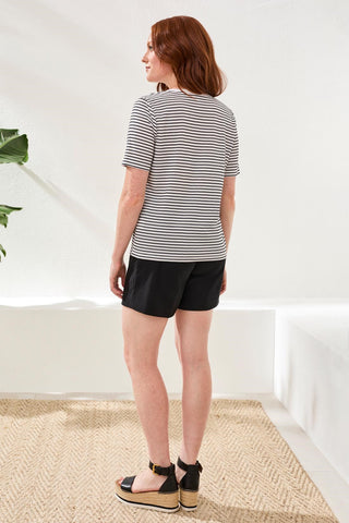 Cotton Stripe Short Sleeve Lace Up Top-Black