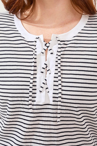 Cotton Stripe Short Sleeve Lace Up Top-Black