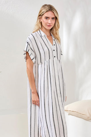 Soft Linen Button‑Front Midi Dress-White/black