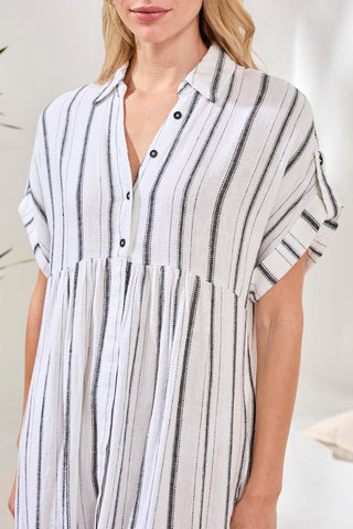 Soft Linen Button‑Front Midi Dress-White/black