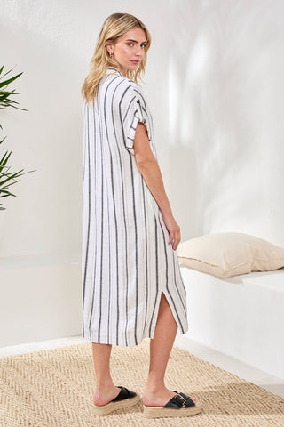 Soft Linen Button‑Front Midi Dress-White/black