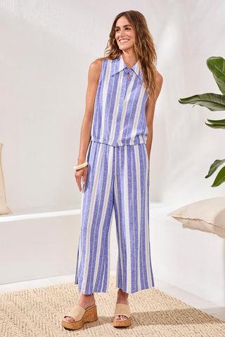 Sleeveless Linen Button‑Front Top with Elastic Waist Detail-Marina