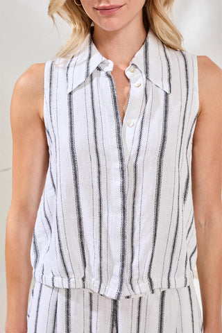 Soft Linen Button‑Front Elastic Hem Collared Top-White/black
