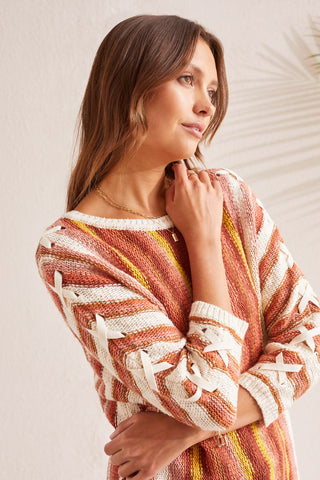 alt view 2 - COTTON KNIT SWEATER WITH LACE-UP DOLMAN SLEEVE-Brandy multi