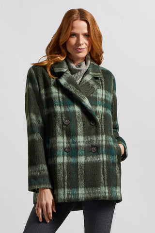 BRUSHED PLAID DOUBLE BREASTED JACKET-Green tea