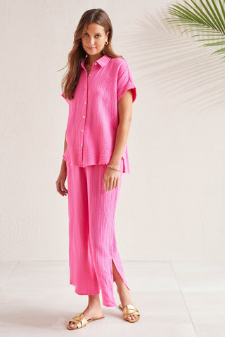 alt view 3 - COTTON GAUZE BUTTON-UP SHIRT WITH SHORT SLEEVES-Hi pink