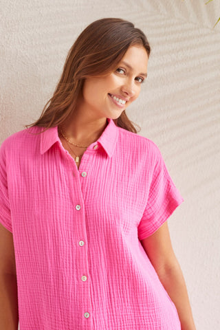 alt view 4 - COTTON GAUZE BUTTON-UP SHIRT WITH SHORT SLEEVES-Hi pink