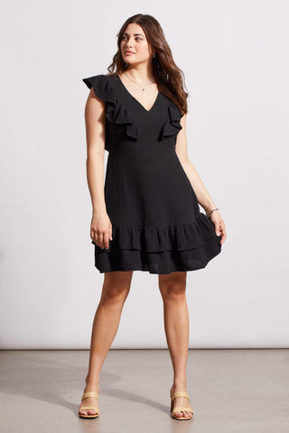 alt view 1 - COTTON GAUZE FITTED DRESS WITH FRILLS-Black