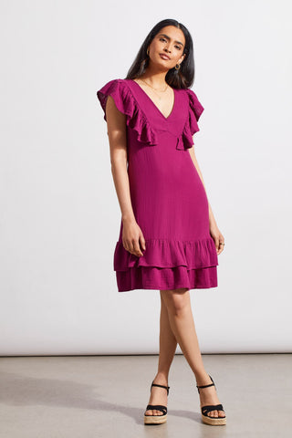 alt view 1 - COTTON GAUZE FITTED DRESS WITH FRILLS-Plum