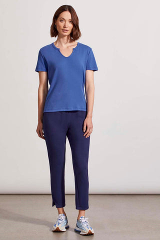 alt view 1 - COTTON RIB NOTCH-NECK TOP WITH SHORT SLEEVES-Cobalt