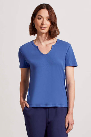 alt view 2 - COTTON RIB NOTCH-NECK TOP WITH SHORT SLEEVES-Cobalt