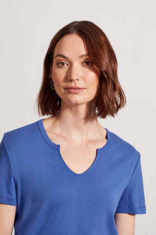 alt view 3 - COTTON RIB NOTCH-NECK TOP WITH SHORT SLEEVES-Cobalt
