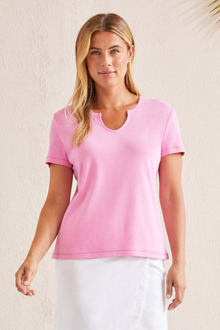 alt view 1 - COTTON RIB NOTCH-NECK TOP WITH SHORT SLEEVES-Fuchsia pink