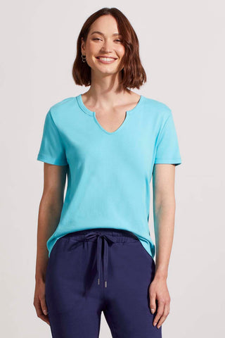 alt view 2 - COTTON RIB NOTCH-NECK TOP WITH SHORT SLEEVES-Laguna