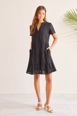 alt view 1 - COTTON SHORT-SLEEVE DRESS WITH EMBROIDERY-Black