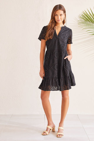 alt view 2 - COTTON SHORT-SLEEVE DRESS WITH EMBROIDERY-Black