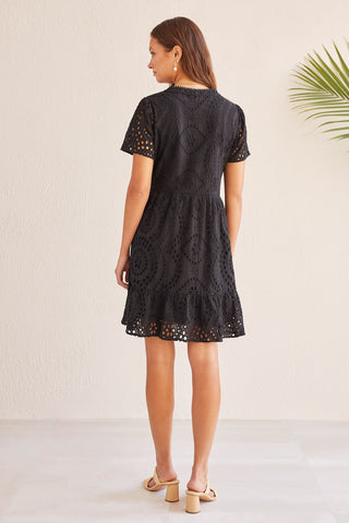 alt view 4 - COTTON SHORT-SLEEVE DRESS WITH EMBROIDERY-Black
