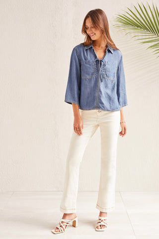 alt view 1 - ELBOW SLEEVE BLOUSE WITH LACE-UP DETAIL-Dk. chambray